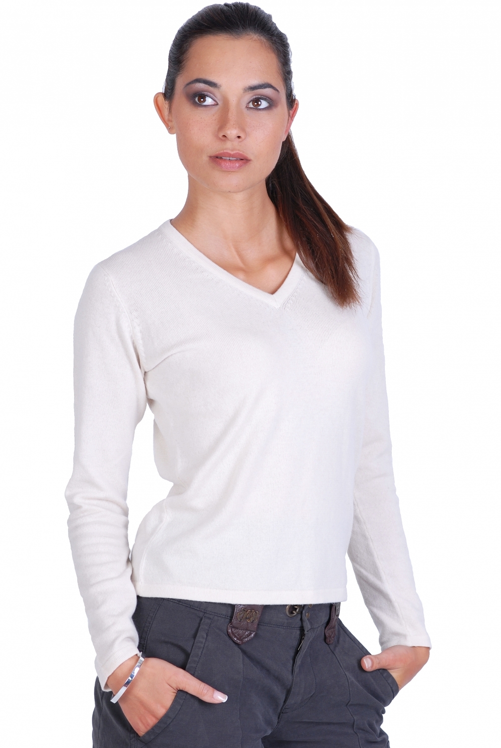 Cachemire pull femme col v emma natural ecru l