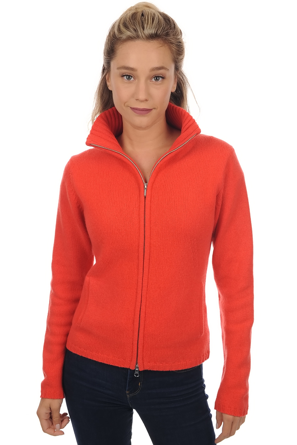 Cachemire pull femme zip capuche elodie corail lumineux 2xl